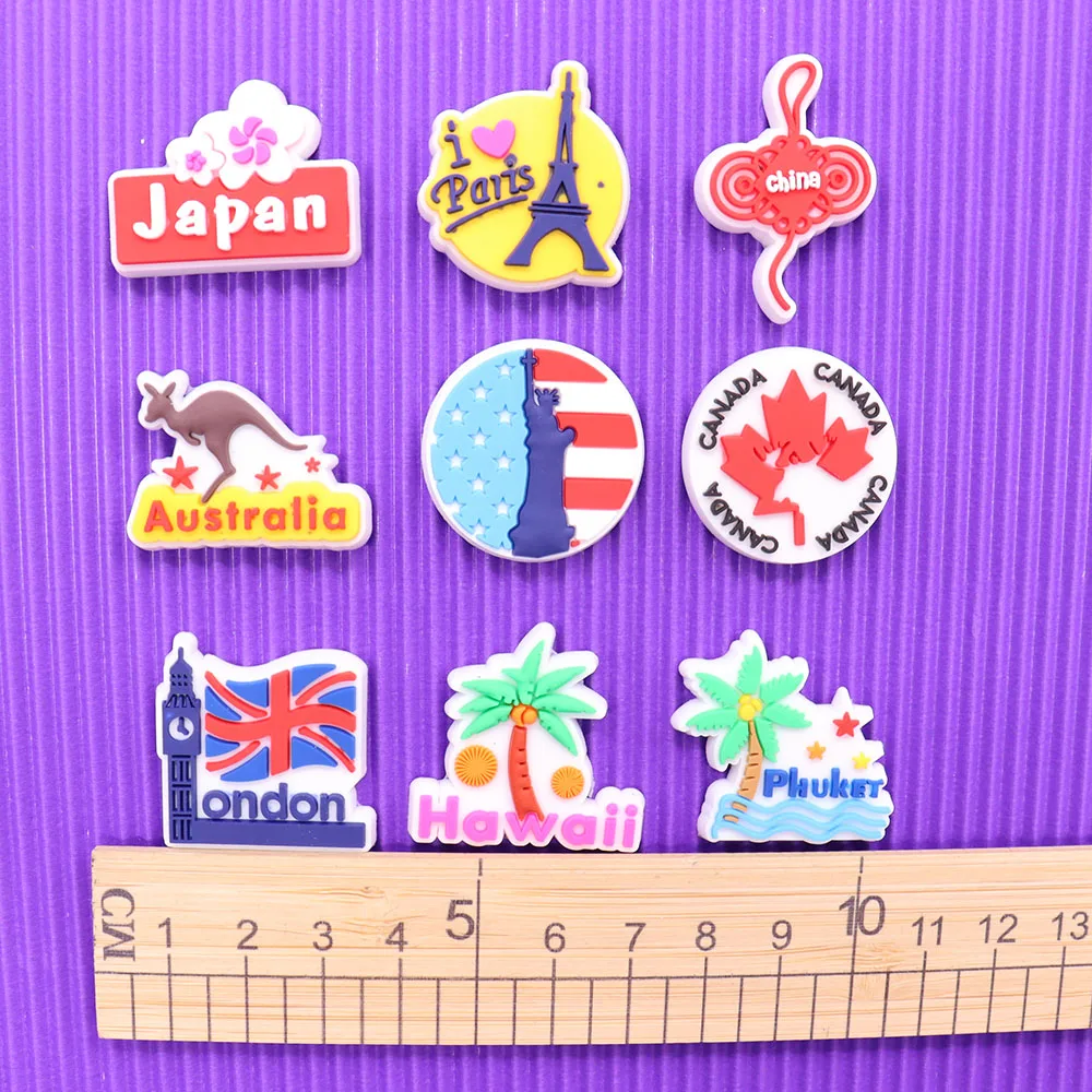 1Pcs London Paris Australia Hawaii Canada Phuket PVC Travel Shoe Buckle Charms Accessories DIY Adult Backpack