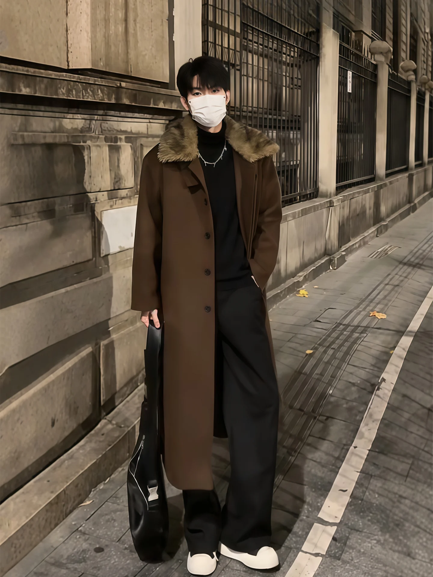 

Мужское шерстяное пальто с отстегивающимся меховым воротником, зимнее, утепленное, в корейском стиле, премиум-класса, средней длины, ветровка-куртка