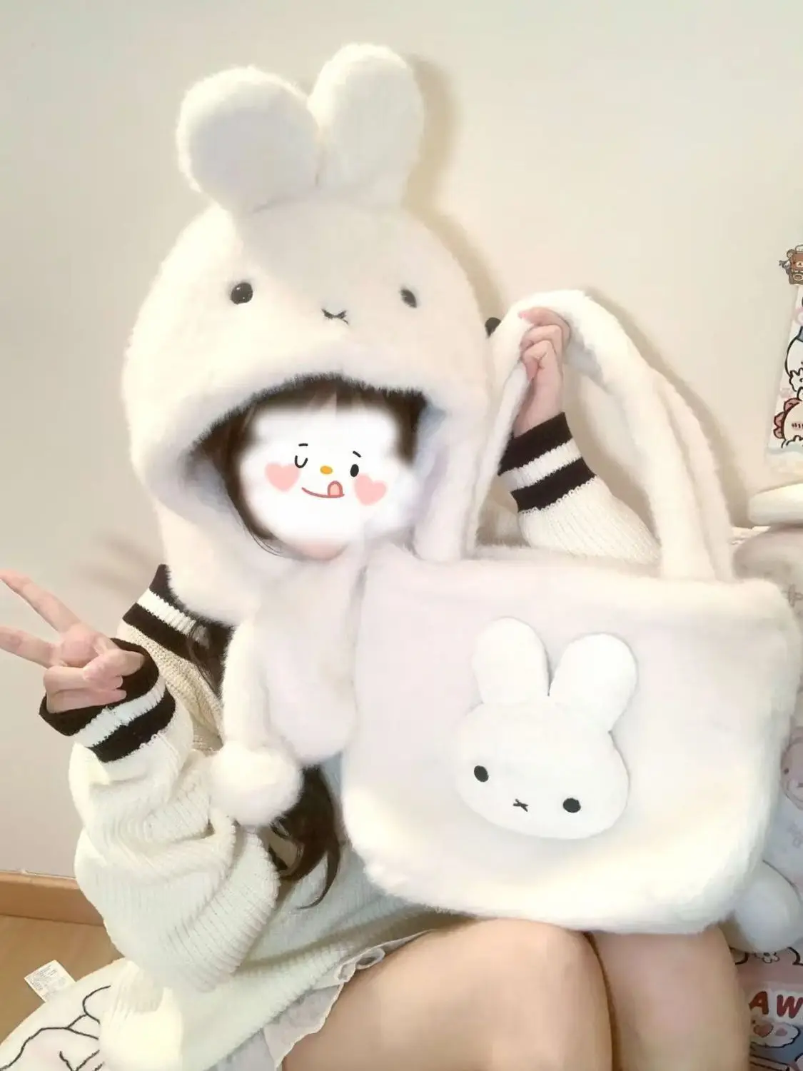 3D Stereo Cute Lovely Miffy Plush Hat Scarf Integrated Set Soft Warm Earflap Hat Windproof Winter Thermal Neck Warmer for Girls - view 6