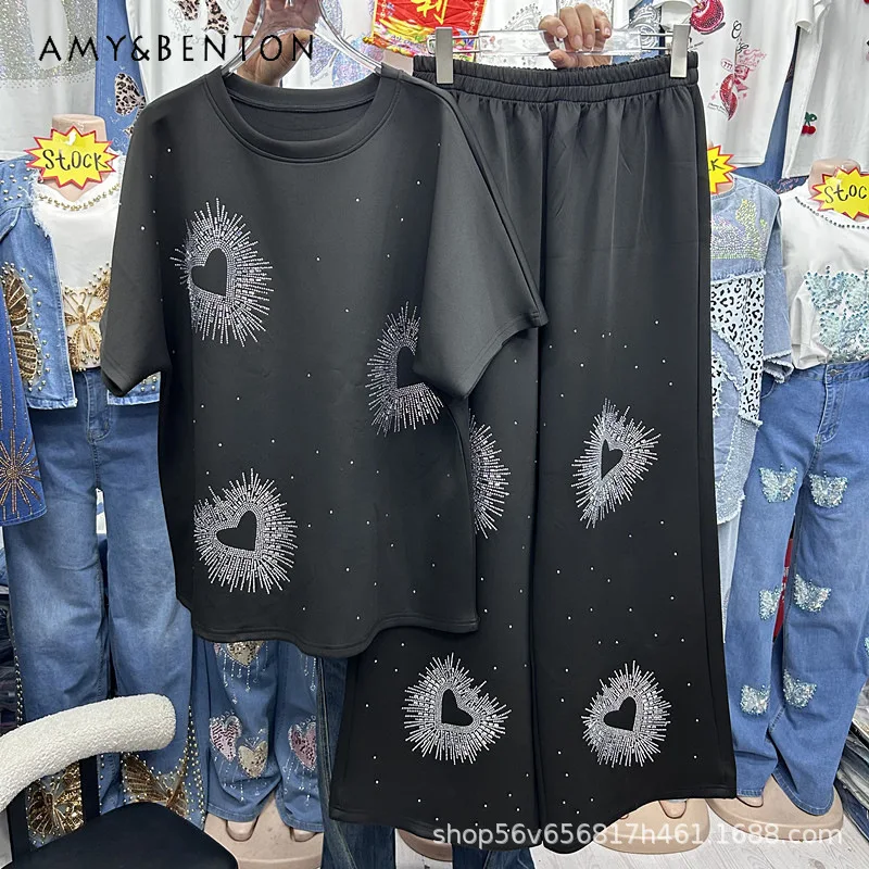 

Y2k Clothes Heavy Industry Diamond Drills Love Loose Short Sleeved T-shirt Top + Elastic Waist Wide Leg Pants 2-piece Set Outfit