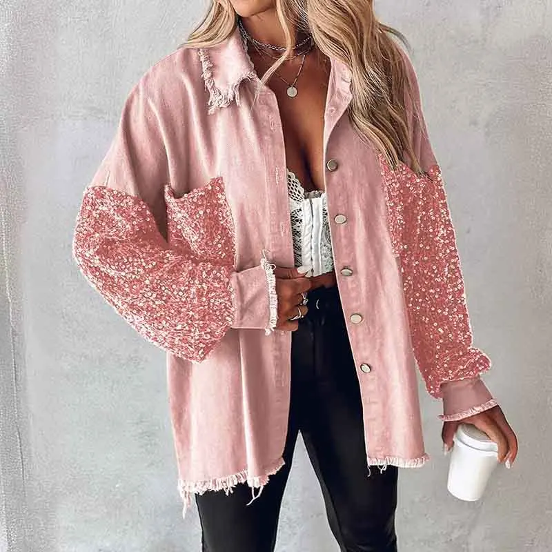 

Casual Sequin-panelled Jacket Top for Women Spring Autumn 2024 New Lapel Long Sleeve Loose Jackets Fashion Single Breasted Coat