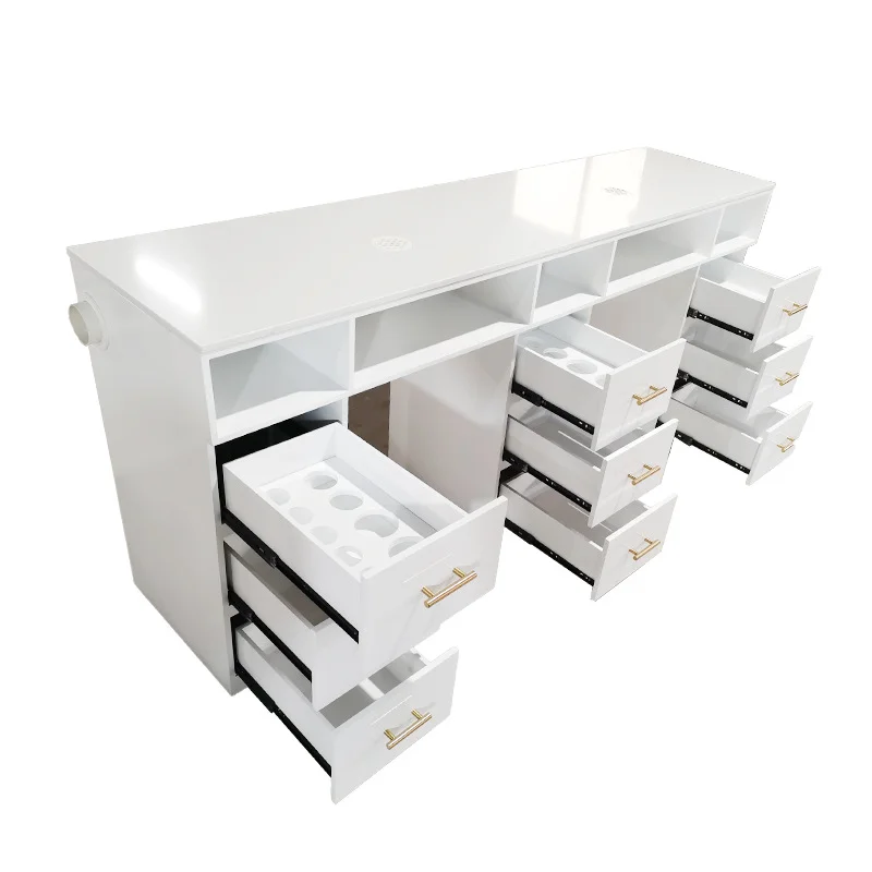 Double Seat Manicure Table Built in Nail Dust Collector White Solid Wood Nail Desk with Drawers
