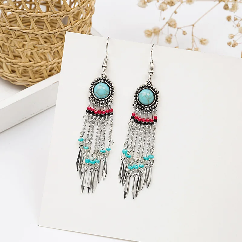 

Damo Fashion Bohemian Drop Earrings For Women Vintage Turquoise Tassel Earrings Retro Pendant Ear Hook Beach Party Jewelry Gifts