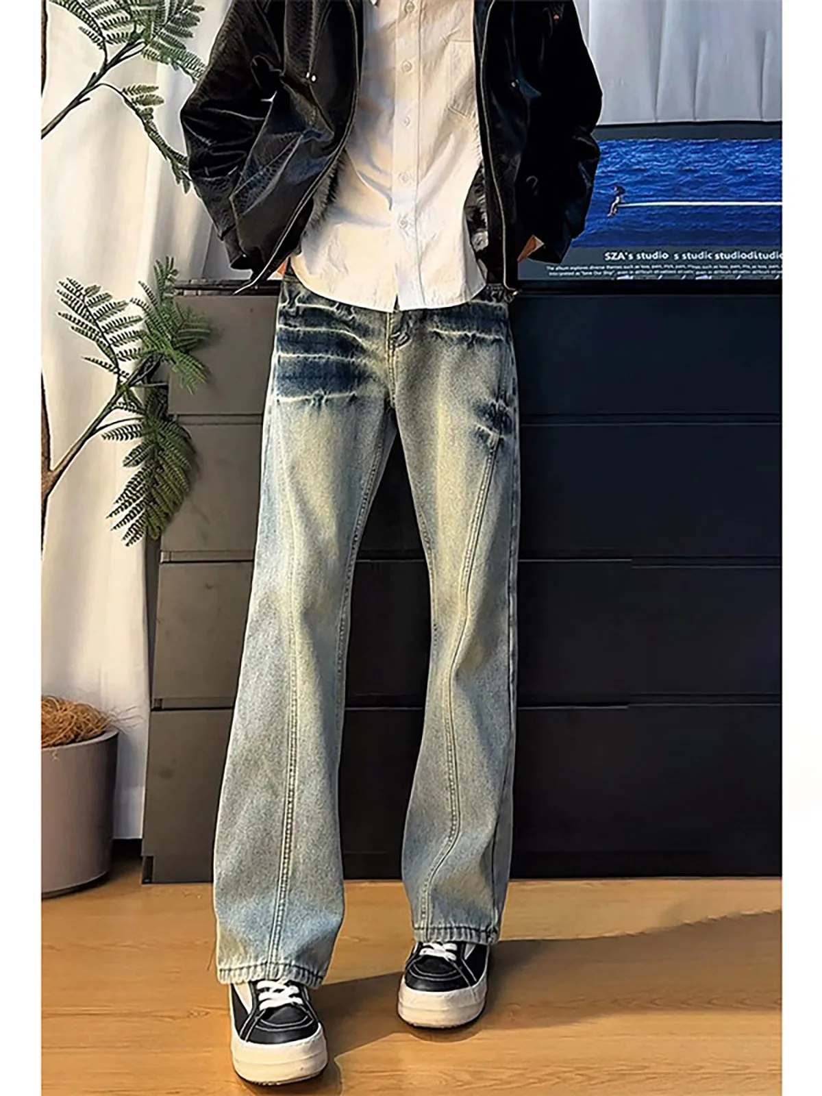 American Lightning Stripe Flared Semi-Elastic Jeans Men's High Street Vibe Wide Leg Pants Youthful Style Straight Cut Denim