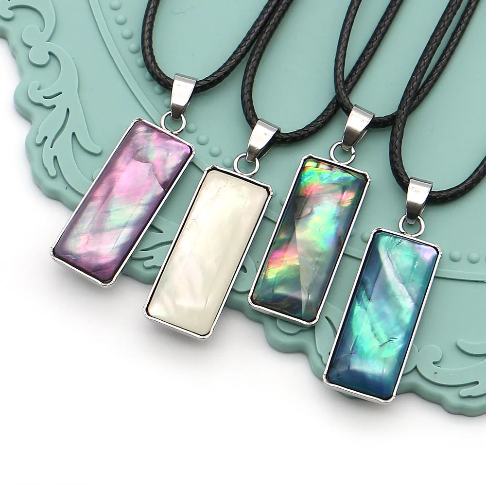 Rectangular Iridescent Aurora-colored Abalone Shell Pendant Edge Wrapping Copper-plated Melon Seed Clasp Necklace DIY Jewelry