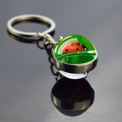 Ladybug Glass Ball Keychain Insect Pendant Lady Bugs Art Picture Keyring