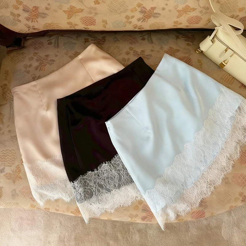 Women Summer Elegant Silky Mini Pencil Skirts High Waist Sheer Floral Lace Trimmed Patchwork Hem Y2k Satin Silk Skirt