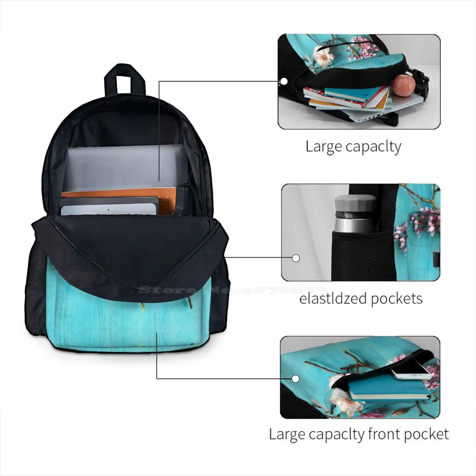 Flowers Of Spring Hot Sale Schoolbag Backpack Fashion Bags Spring Still Life Colorful Happy Aqua Turquoise Blue Floral Flowers image 4