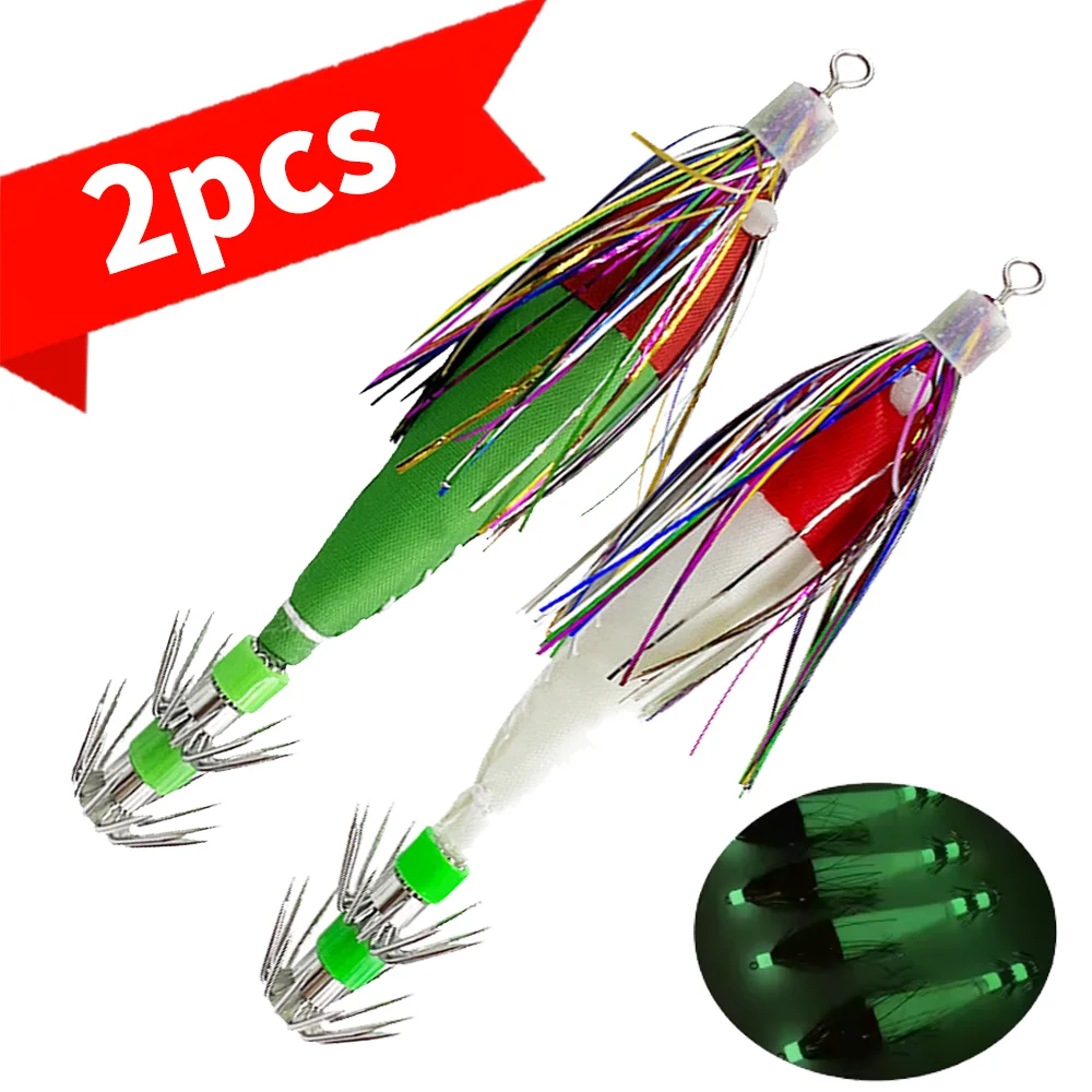 2PCS Leucht Whisker Tuch Rolle Tintenfisch Haken Wrap Tuch Doppel Schicht Regenschirm Haken Bionic Locken Angeln Leucht Tintenfisch Haken