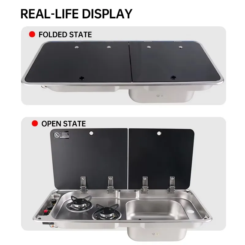 304 Stainless Steel RV Sink Combo with Double Burner Gas Stove And Glass Lid for Camper Caravan Boat Kitchen