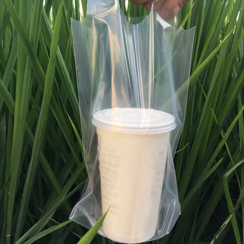 

200 Pcs Hand Drink Bag Shopping Handbag Takeout Beverage Packaging Bags Coffee Plastic Bag Lightweight Handle Design No