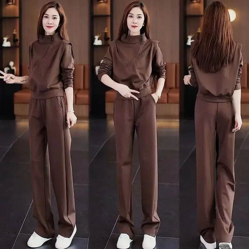 Maillard's Popular Casual Sports Set for Women's Autumn New Diagonal Zipper Knight Shoulder Top+wide Leg Pants Two-piece Set
