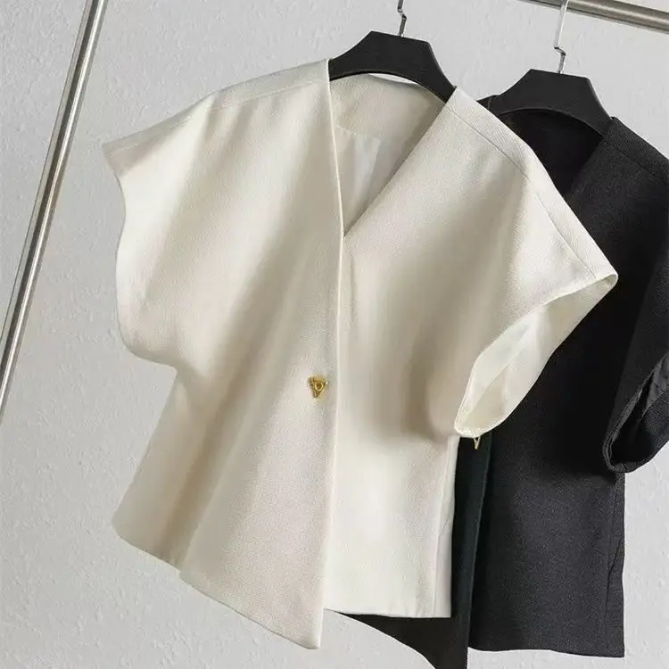 Batwing Sleeve French Chic Elegant Commuter Women's Asymmetric One Button V-Neck Slim Fit Suit Vest Top Gold Button Trim Tailore