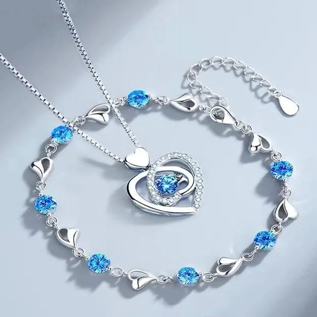 925 Sterling Silver Heart Shaped Necklace Bracelet Set for Women Vintage Korean Blue Crystal Bracelets Jewelry Set Party Jewelry