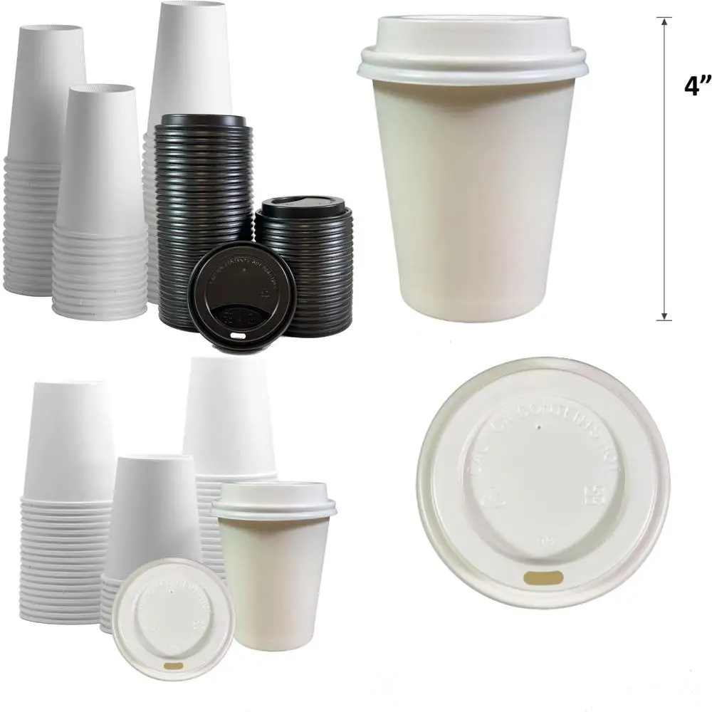 

Белые одноразовые бумажные кофейные чашки на 20 унций с черными крышками, оптовый набор из 400 штук для домашнего или офисного использования