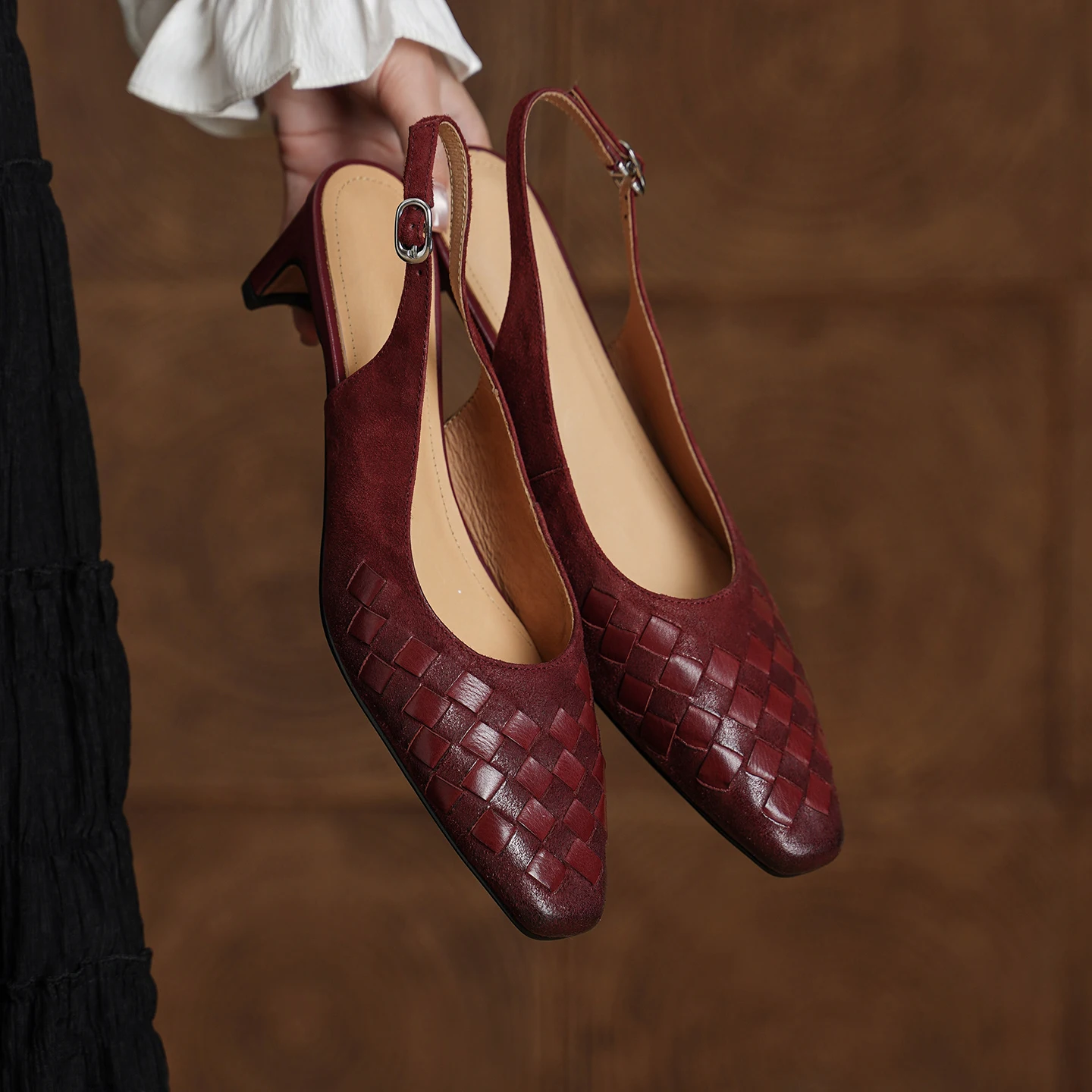 2026 new summer women sandals natural leather 22-25cm weave cowhide+pigskin square toe back-buckle high heel women shoes fashion