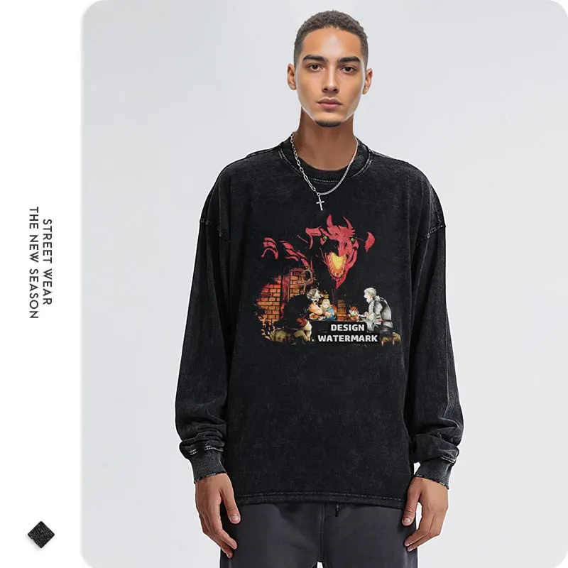 أنيمي D-لذيذ في الزنزانة طويلة الأكمام تي شيرت المتضخم خمر غسلها مارسيل سترة مانغا Laios بلوزات البلوز