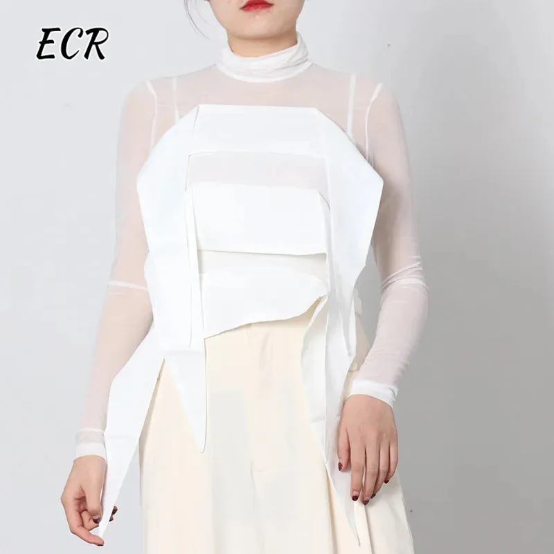 

ECR Casual Slimming T Shirts For Women Stand Collar Long Sleeve Patchwork Sheer Mesh Minimalist Shirt Female Fashion Clothing