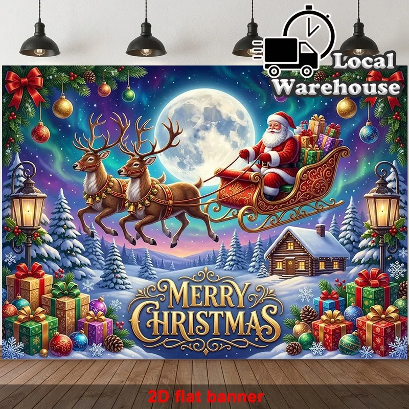 VIKAMA Christmas Eve Santa Tapestry, Reindeer Sleigh over Village, Xmas Wall Hanging Decor for Bedroom Living Room Home