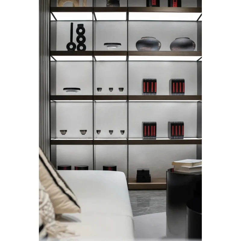 custom.Modern Designer Open Bookshelf Display Cabinet with Metal Frame Adjustable Shelves Built-in Lighting Hotel Apartment
