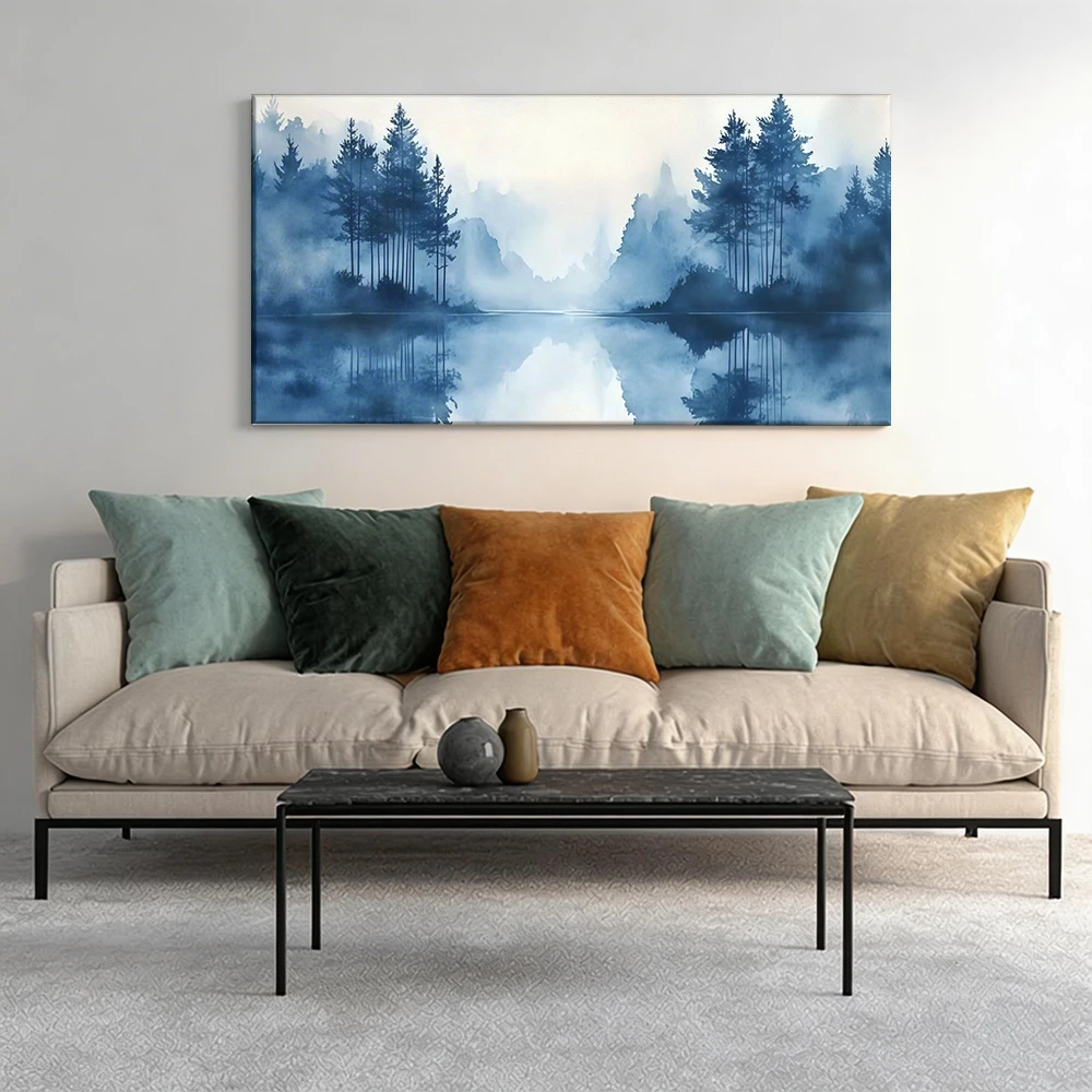 

1pcwooden frame canvas decorative painting Mist-shrouded forest, serene lake.Corridor, Living Room Decoration