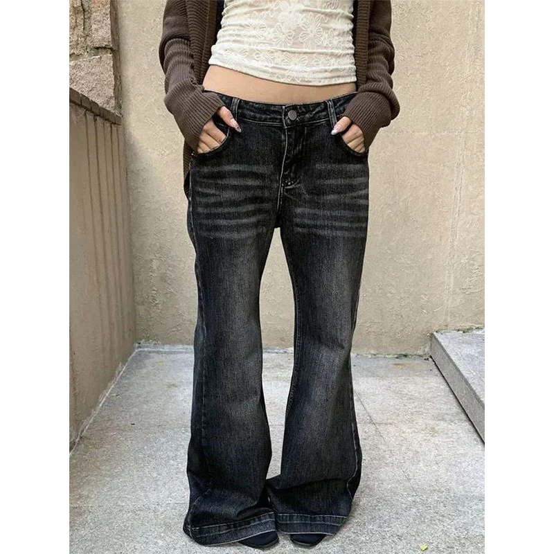 

Европейские и американские ретро потертые темные джинсы с низкой посадкой для женщин, зимние брюки Y2k Millennium Style Spicy Girls для похудения и напольные брюки