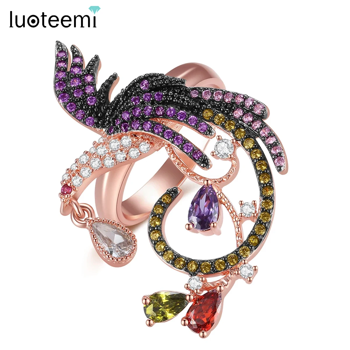 

LUOTEEMI Phoenix Bird Rainbow Color CZ Finger Ring Luxury Animal Cubic Zirconia Women Party Jewelry Chinese Traditional Gifts