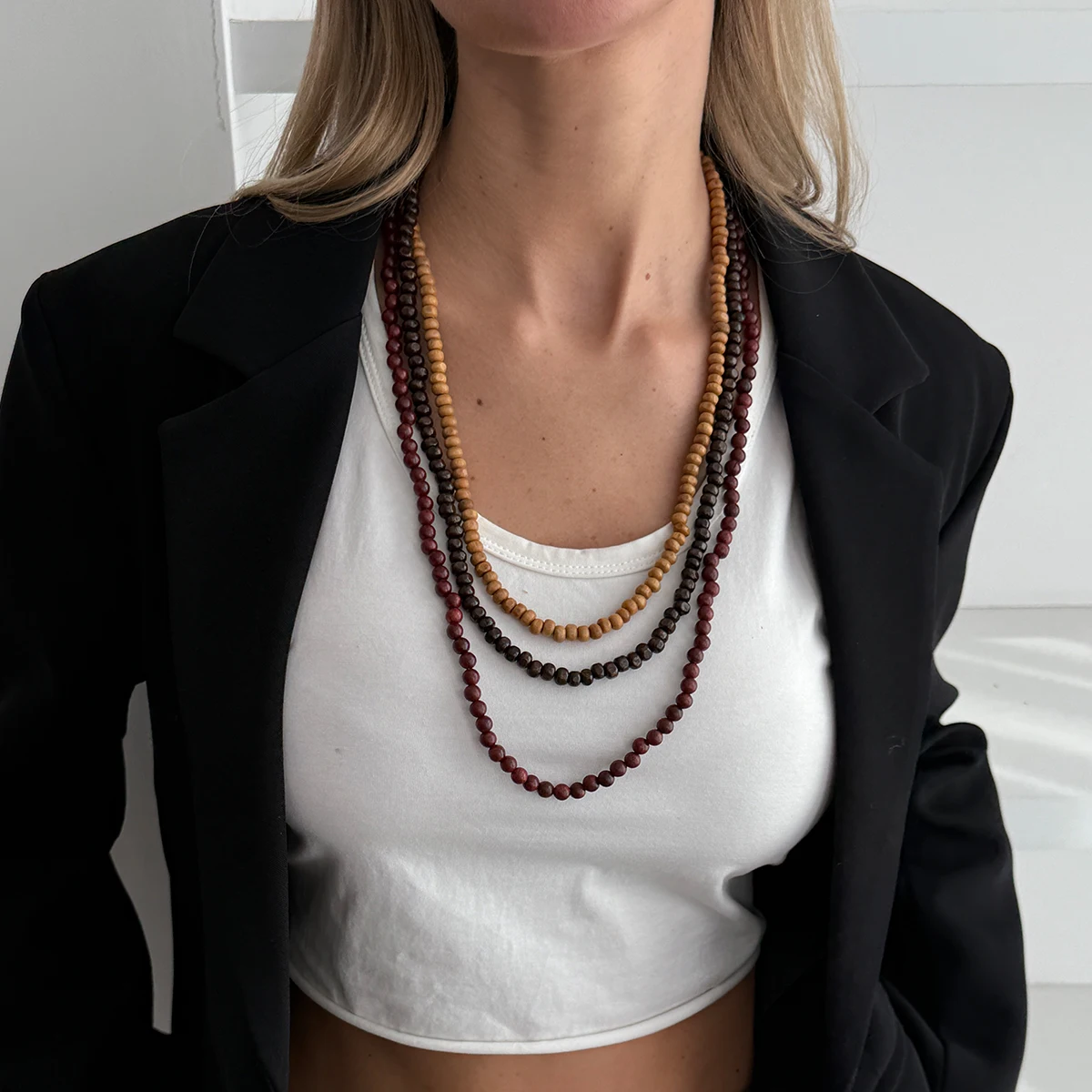 SHIXIN 2026 Trendy Multi Layer Wood Beaded Choker Necklace for Women Vintage Stackable Beads Sweater Chain Jewelry Accessories