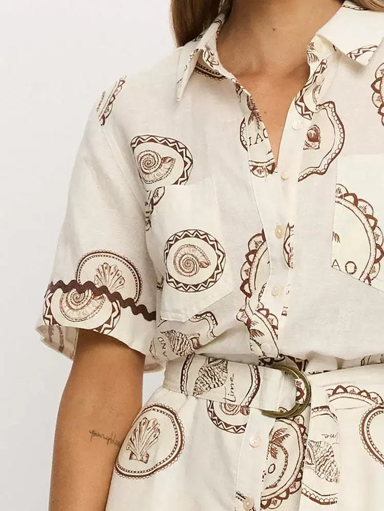 Women Cotton Linen Coconut Tree Print Turn-Down Collar Single Breasted Playsuits