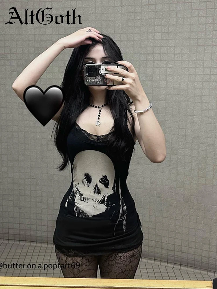 

AltGoth Cyber Punk Gothic Dress Women Streetwear Harajuku Skull Printed Sleeveless High Waist Bodycon Dress Grunge Rave Outfits