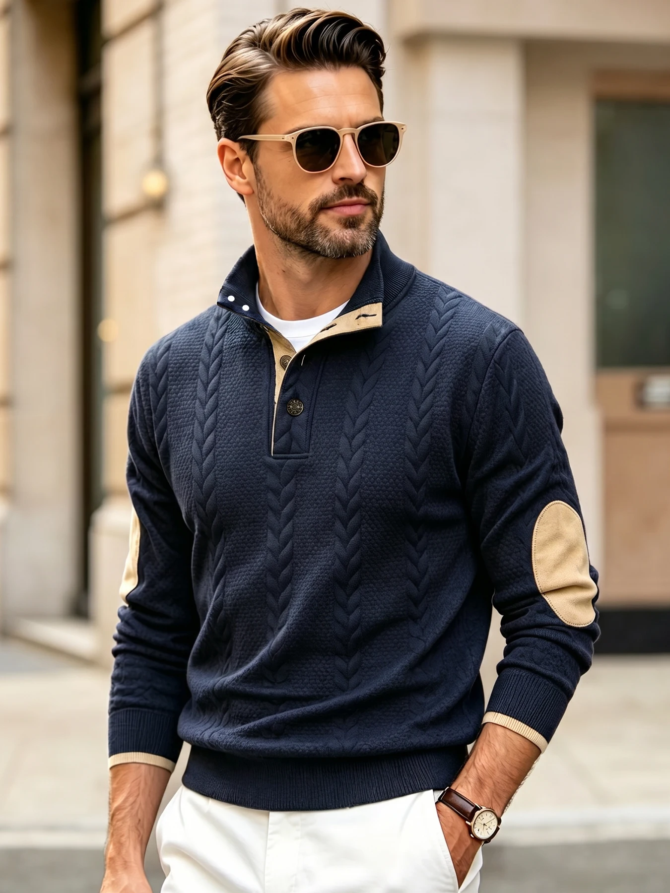 Men's Stand Collar Cable Knit Sweatshirt Basic Pullover Button Placket Elbow Patches Ideal For Casual Outings And Daily Wear