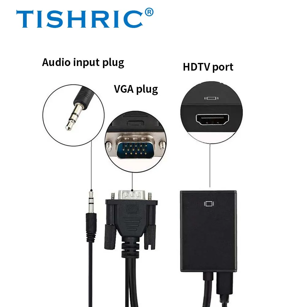 TISHRIC VGA To HDMI-Compatible Converter Cable With Audio Cord HD 1080P Adapter Cable For PC Laptop PS4 PS5 Xbox Switch TV Box