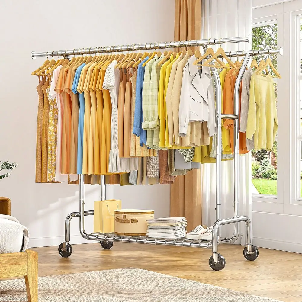 

Open Wardrobe Combining Coat Rack And Cabinetn, Pro Double Rod Garment Rack With Shoe Storage, Maximize Storage With Shelves An