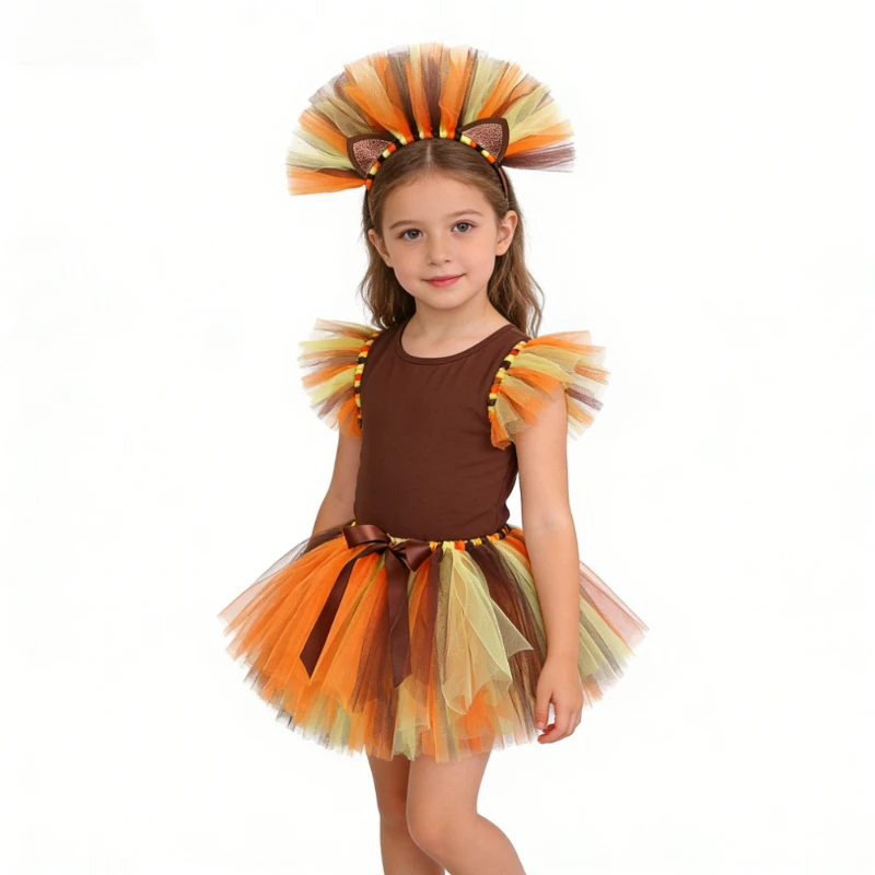 Girls' Tutu Skirt Set with Cute Lion Prints, Ideal for Kids' Christmas and Halloween Dress, Tulle Mini Skirt for Girls' Party