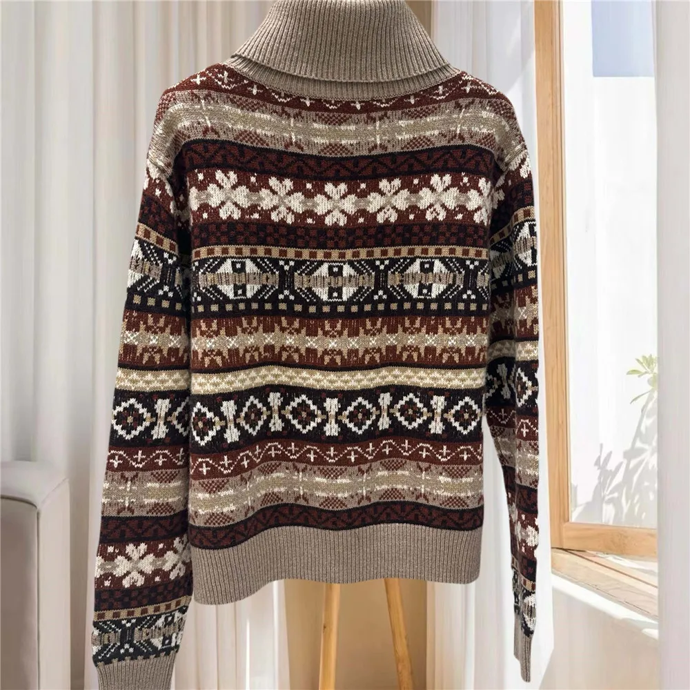 Women Turtleneck Jacquard Knit Sweater Vintage Long Sleeve Pullover Top‘s Female Autumn Winter New