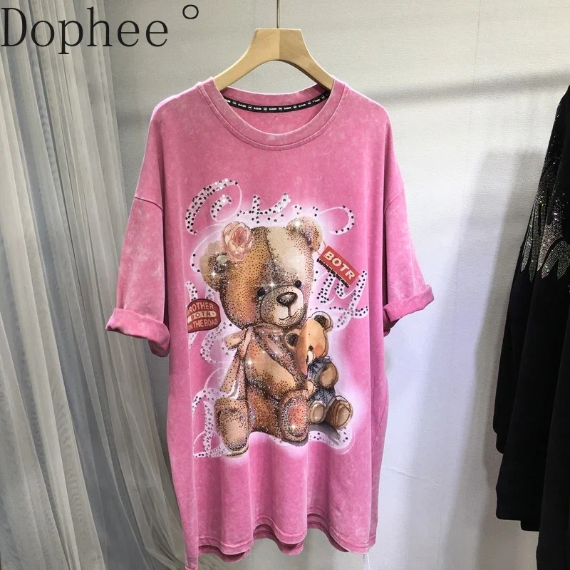 Age Reduction Pink Short Sleeve T-shirt New Autumn Winter Loose O-neck Pullover Top Mid-long Cute Bear Hot Drilling Cotton Tees