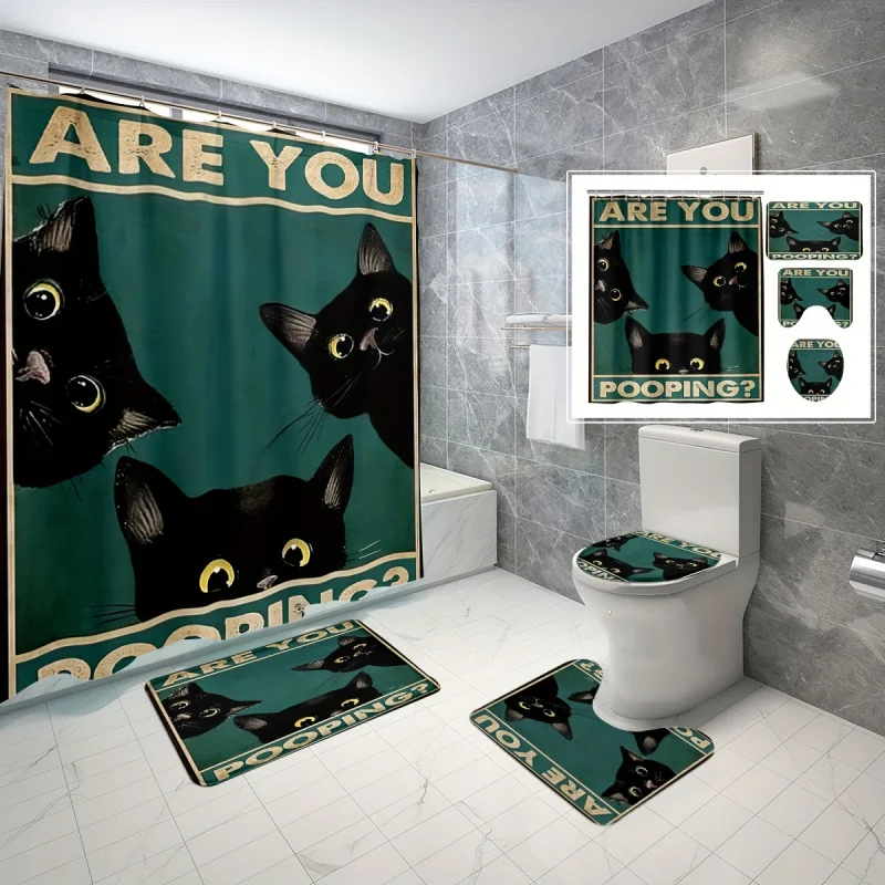 Funny Black Cat Pooping Shower Curtain Set: 70.8X70.8In, 12 Hooks Included, Waterproof Polyester, with Bathroom Rug, Toilet Seat