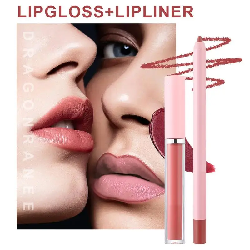 Maquillaje brillo de labios bolígrafos de maquillaje brillantes 2 en 1 crayón de labios de larga duración lápiz delineador Color mate lápiz labial para niñas y mujeres