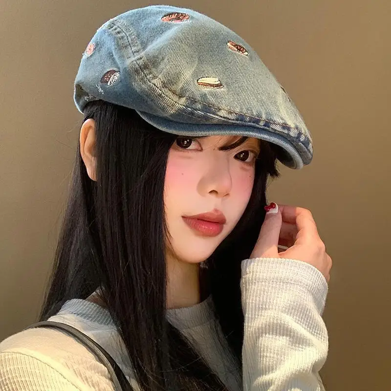 Korean Washed Denim Forward Hat Men and Women Spring and Autumn Trend Sunshade Short Brim Cake Embroidery British Newsboy Cap