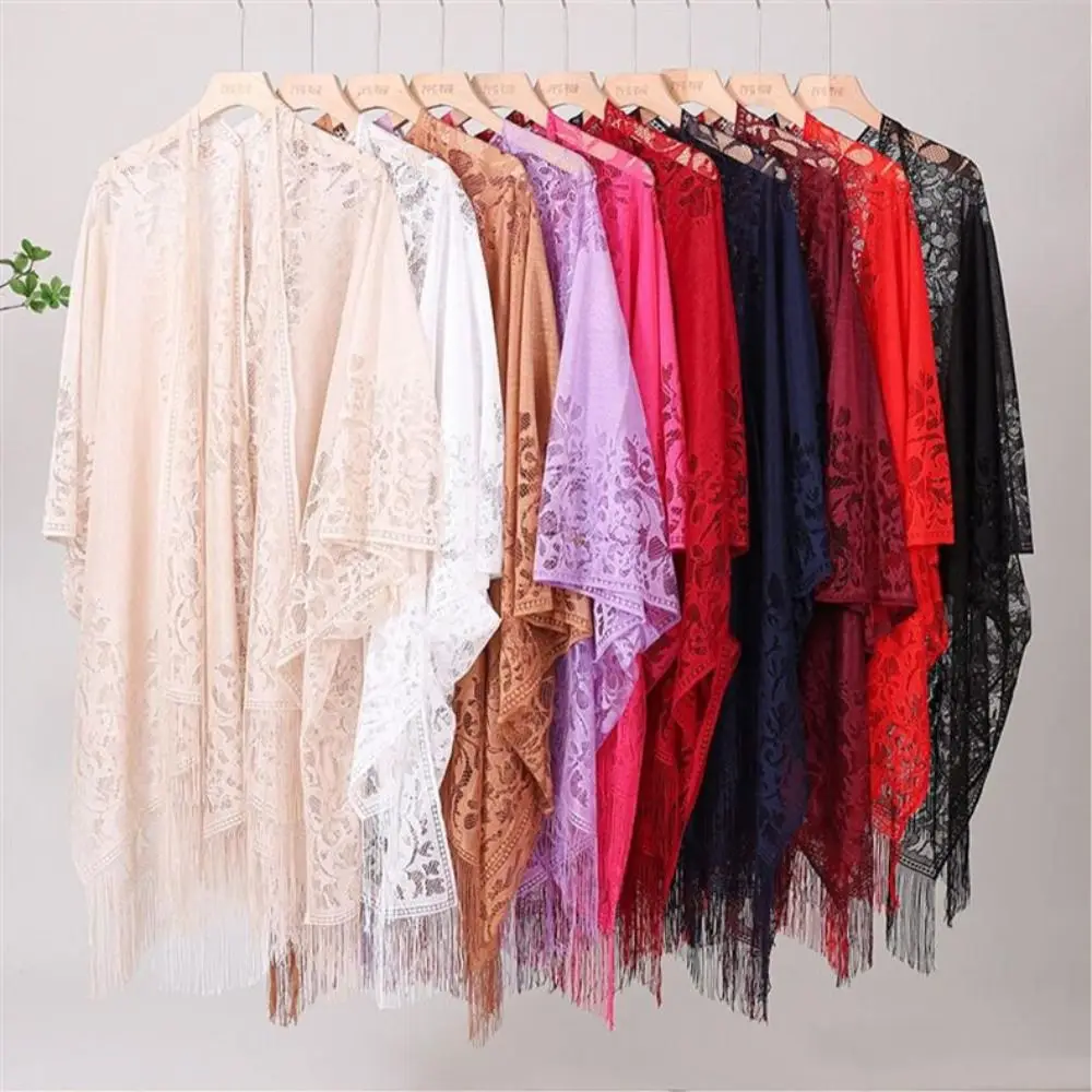 Floral Lace Beach Bikini Cover Up Tassel Fringe Loose Fit Kimono Wrap Hollow Floral Multi-Purpose Open Front Cardigan