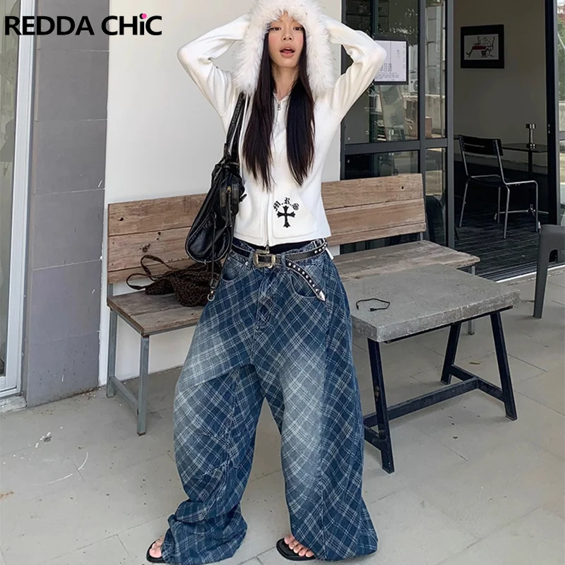ReddaChic オーバーサイズ ブルー ジーンズ レタープリント ワイドレッグ ストレート デニムパンツ チェック柄 ファッション 秋 カジュアルウェア ロングパンツ