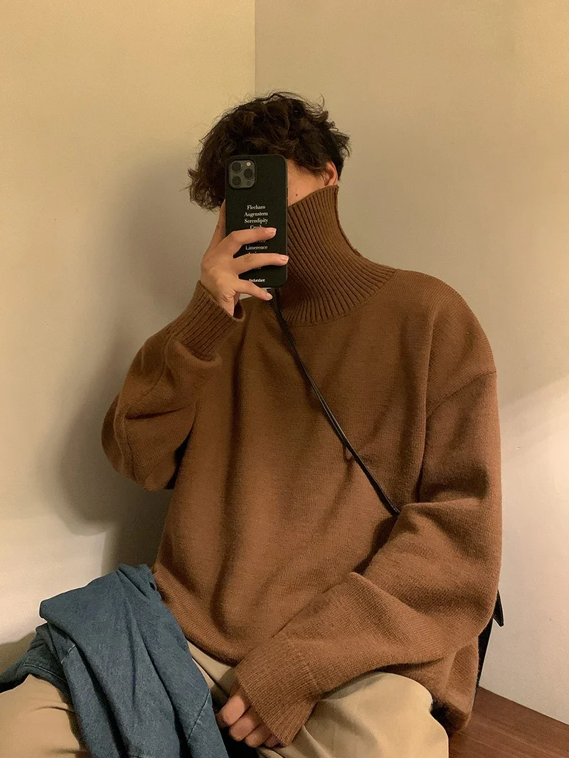 

Men's Thiened Fce Lined f High Collar Knitwear Loose Fit Overhead Base irt Hong Kong Sle Retro Winter Sweater