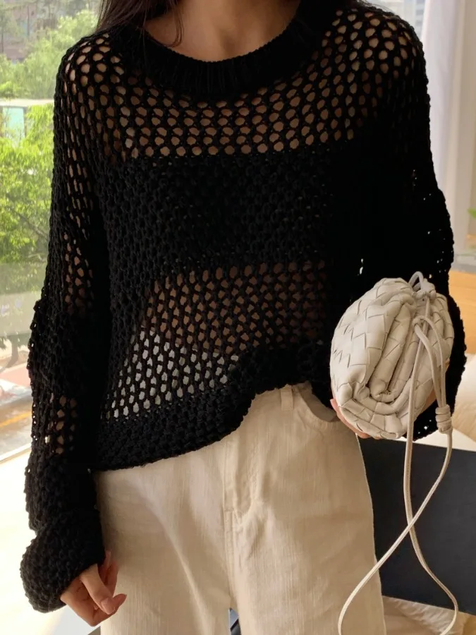 

Chic Summer Lazy Sle round Ne Heavy Work Hollow out Design Loose Long Sve Sun Protection Knitted Sweater for Women