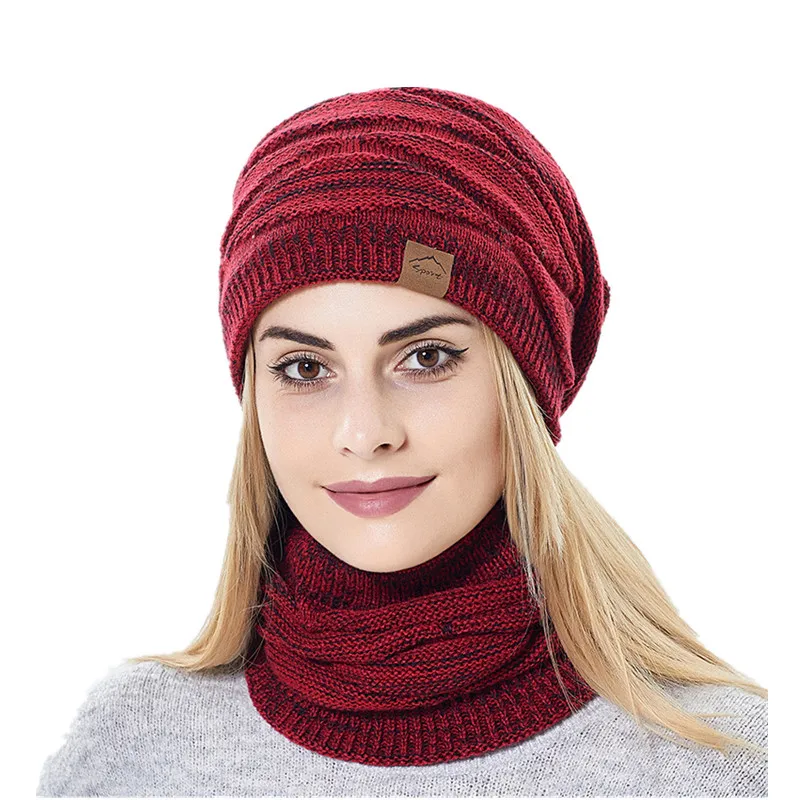 Winter Beanie Hats Scarf Set Women Warm Knitted Cap Female Neck Warm Thicken Fur Lined Lady balaclava Mask Bobble Hats for Women