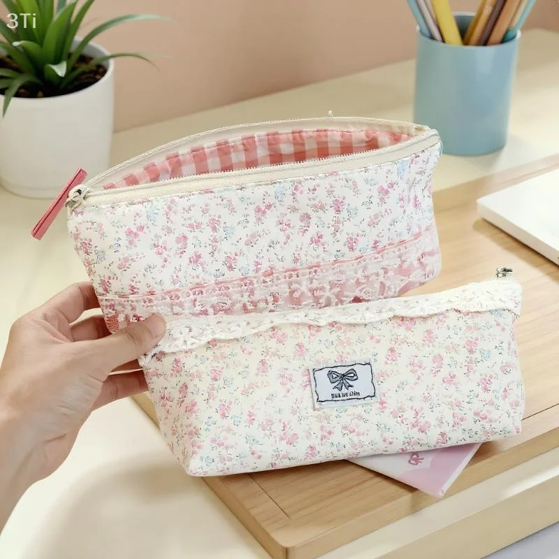 Bolsa de lápices Floral rosa con adorno de encaje, organizador de papelería para niñas, bolsa para bolígrafos de gran capacidad, suministros escolares y de oficina