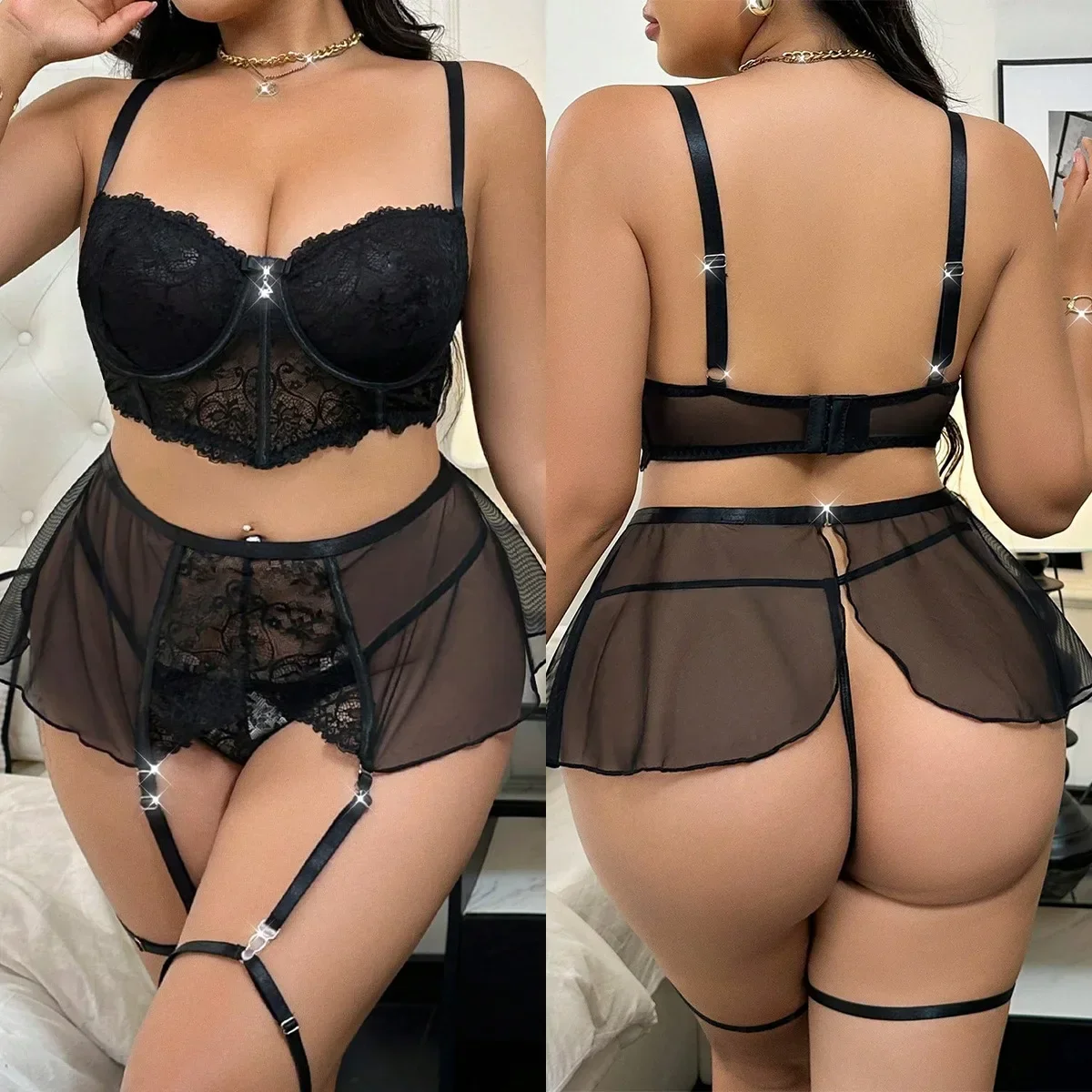 

369bibi Plus Size Sexy Lace Lingerie Set - Women's Premium Erotic Bikini Separates sexy Lingerie To Catch Daring Hot Set