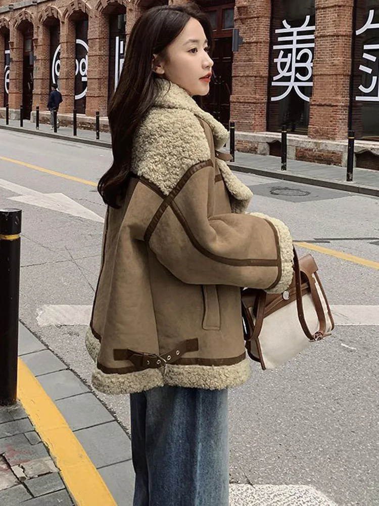 Winter Lamb Fur Fleece Coat Women 2024 New Loose Sheepskin Leather Jacket Motorcycle Moto Biker Thick Parka Warm Bomber Jacket