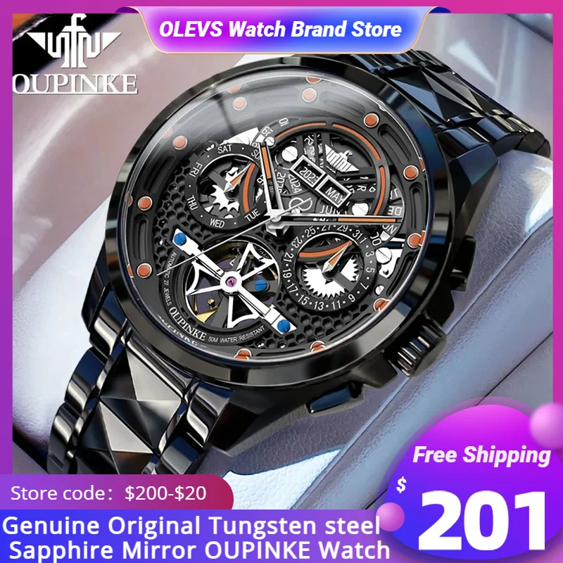 

OUPINKE Original Luxury Brand Men's Mechanical Watch Fashion Skull Hollow out Design Automatic Watch Powerful Eagle Charm Men's