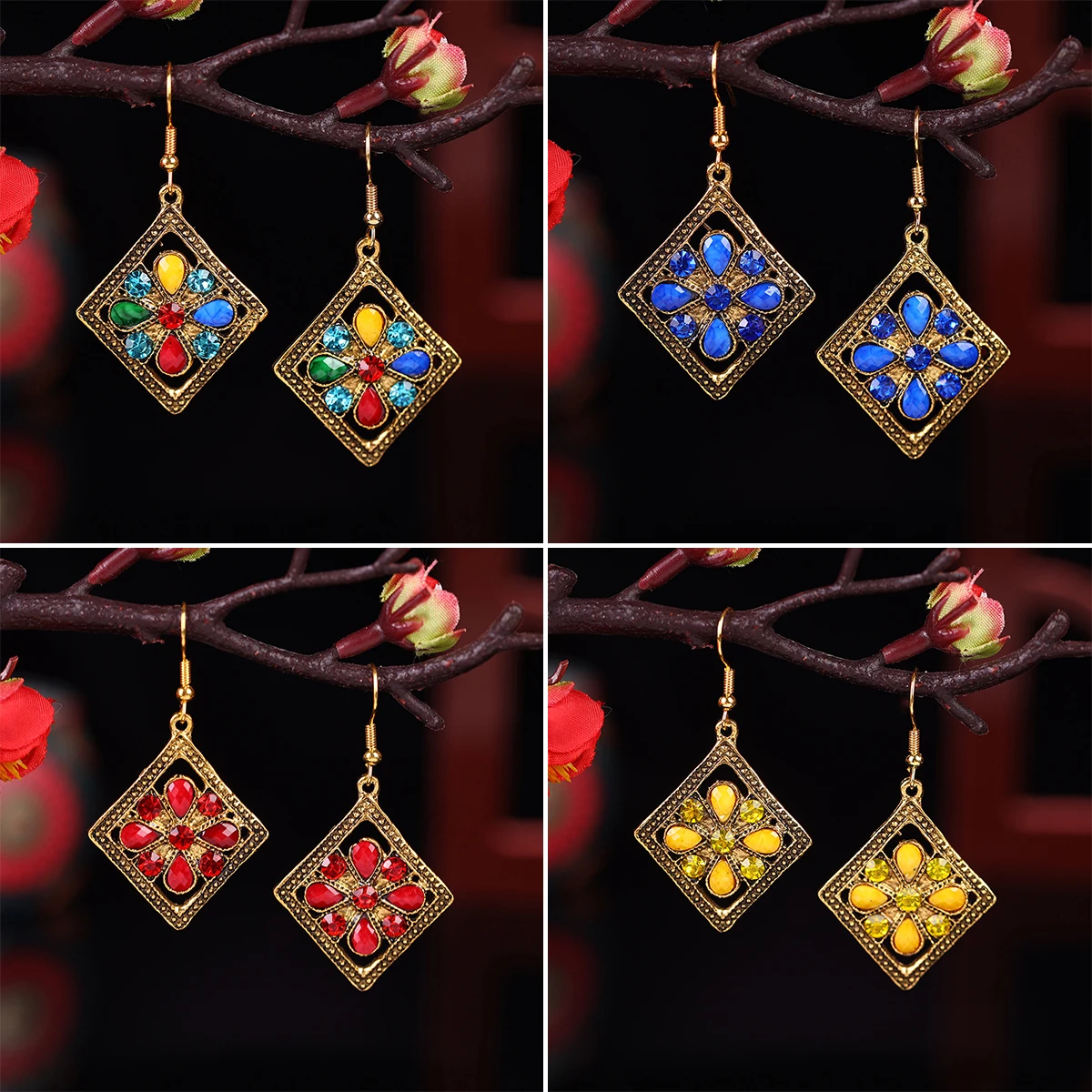 Vintage Ethnic Rhombus Rhinestone Flower Drop Earrings for Women Boho Antique Gold Color Hollow Indian Earring Jhumka Jewelry