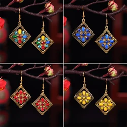 Vintage Ethnic Rhombus Rhinestone Flower Drop Earrings for Women Boho Antique Gold Color Hollow Indian Earring Jhumka Jewelry